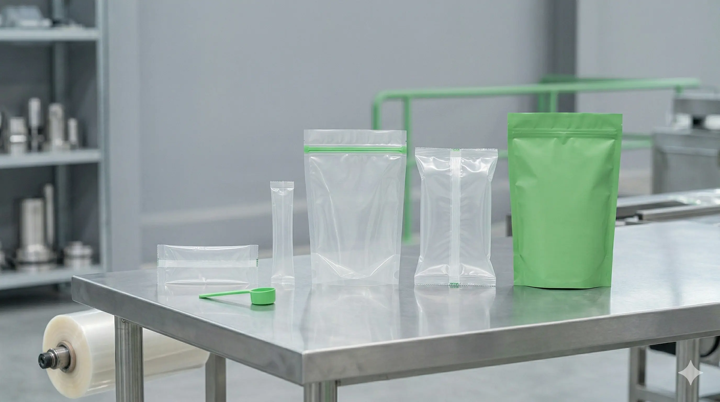 Different packaging styles made from rollstock film on display