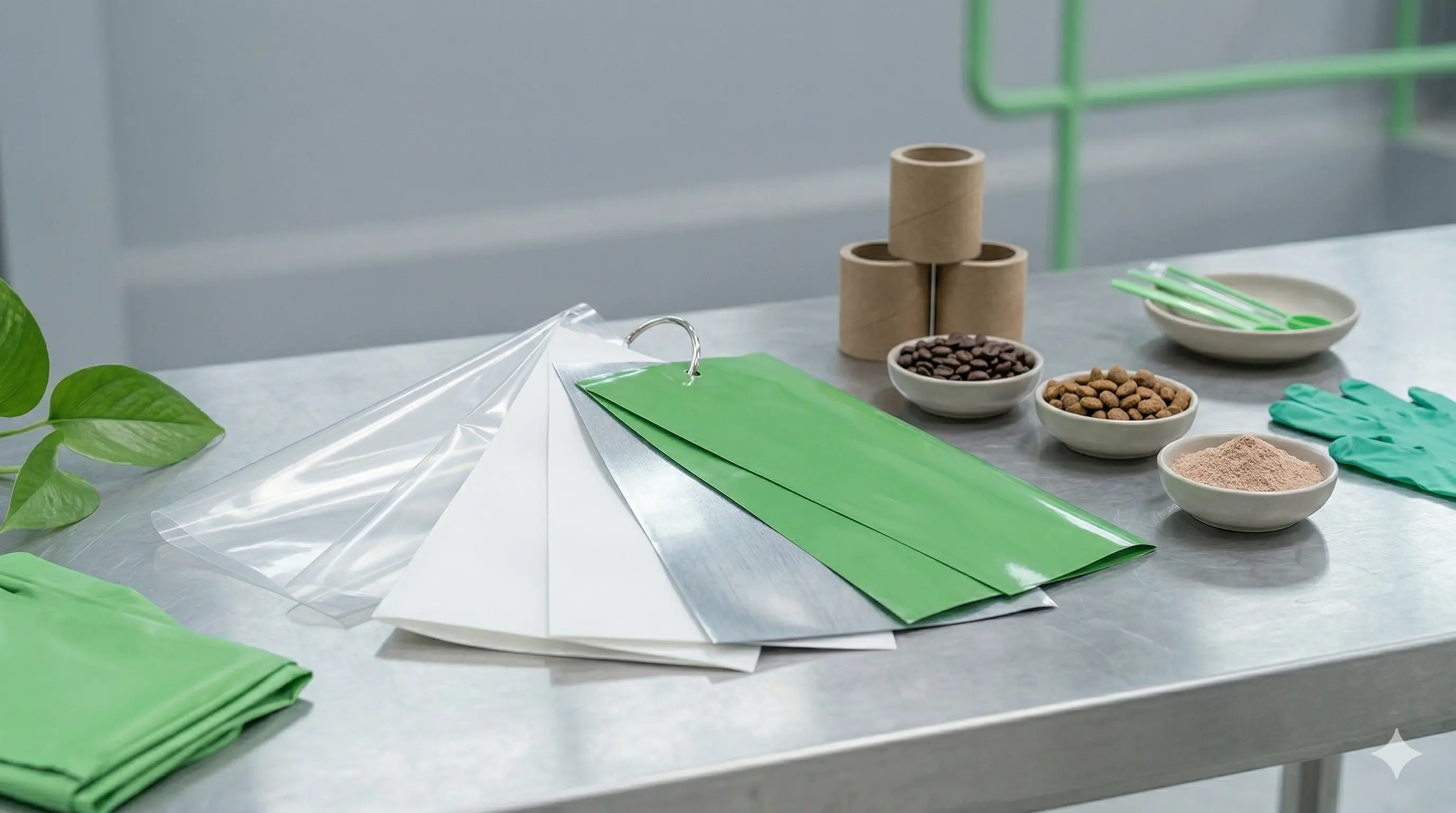 Raw materials and samples for rollstock packaging on display
