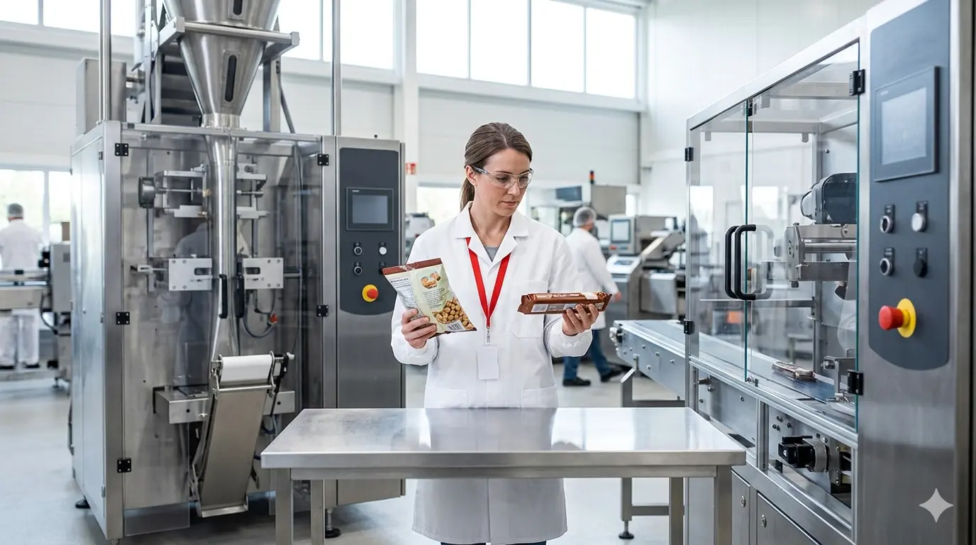 Technician inspecting products in a facility using VFFS vs HFFS methods