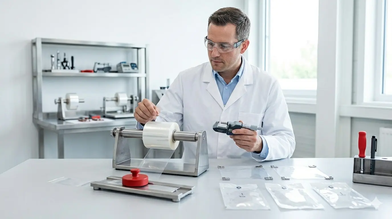 Technician testing packaging film used in commercial packaging processes