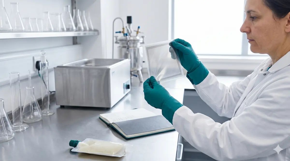 Technician inspecting a stand up pouch with spout in a laboratory