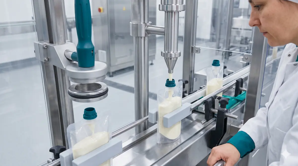 Filling stand up pouches with spouts on an assembly line