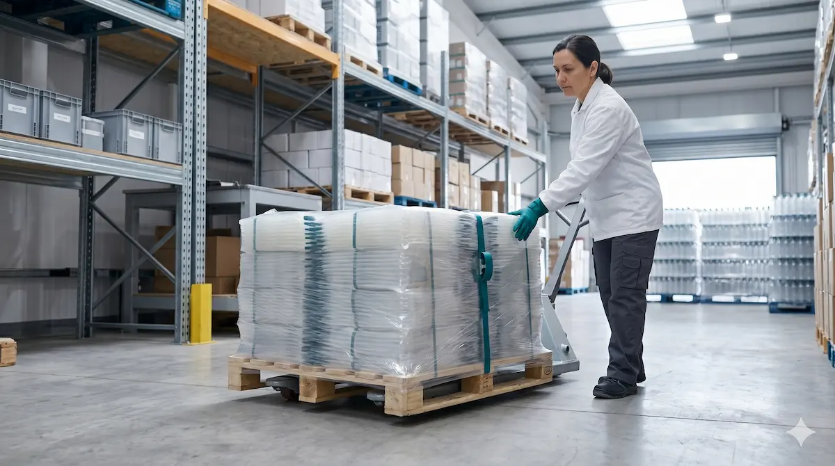 Warehouse worker moving pallets of stand up pouches with spouts