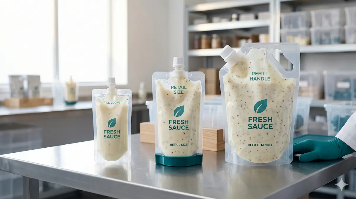 Stand up pouches with spout for sauce in multiple sizes