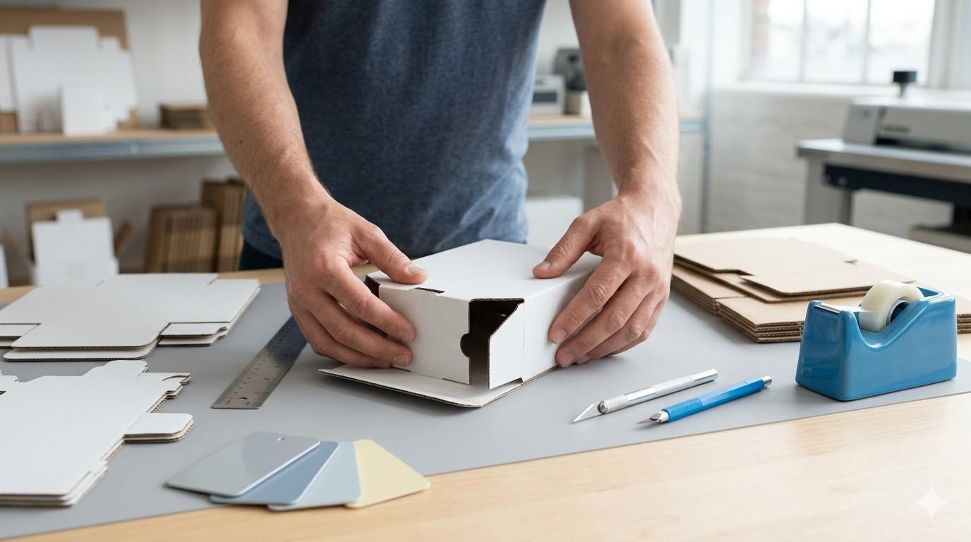 Person assembling custom packaging design with tools
