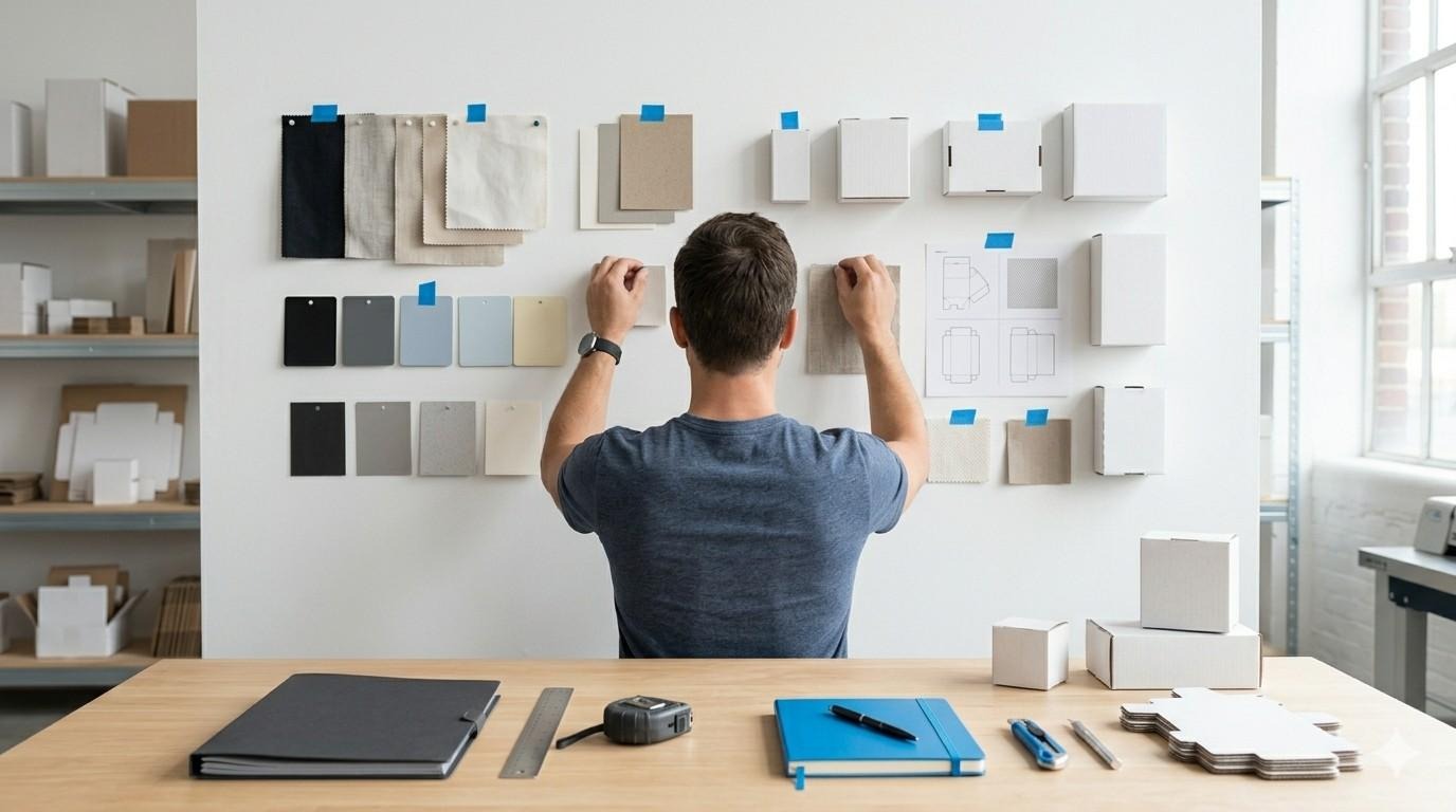 Person organizing samples for custom product packaging design