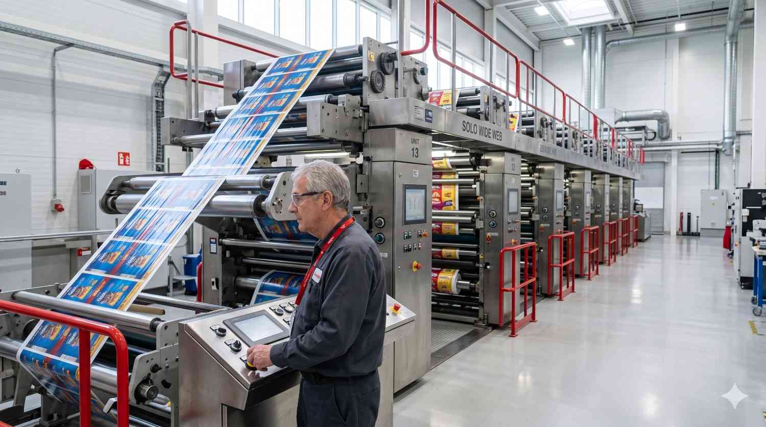 Rotogravure printing machine operated by a technician in a high-tech workshop