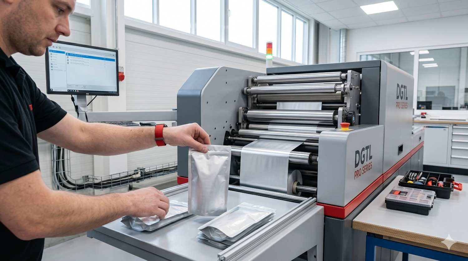 Operator preparing packaging with a rotogravure machine