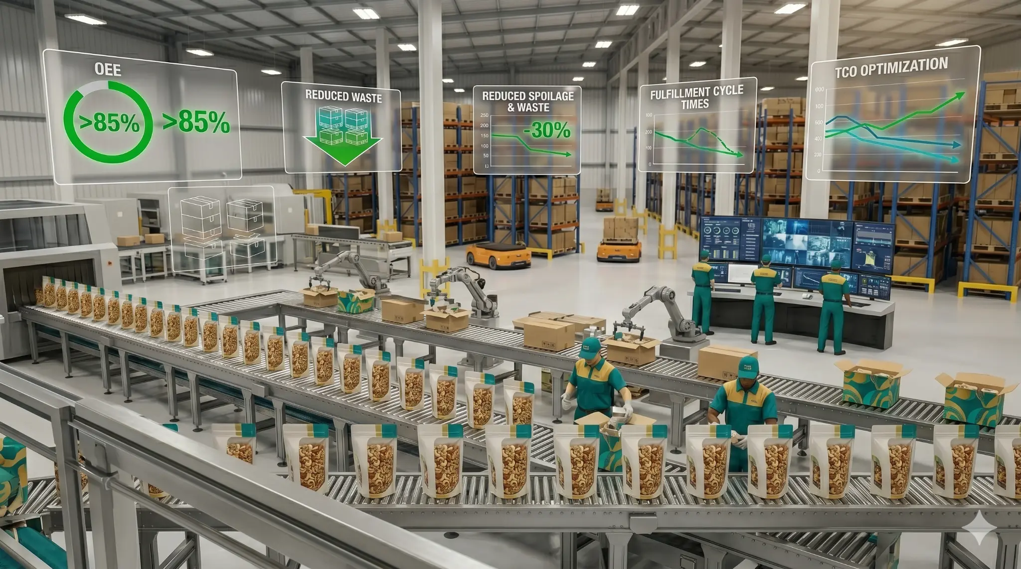 Food packaging production facility with KPI dashboard showing OEE, reduced waste, reduced spoilage metrics, fulfillment cycle times, and TCO optimization