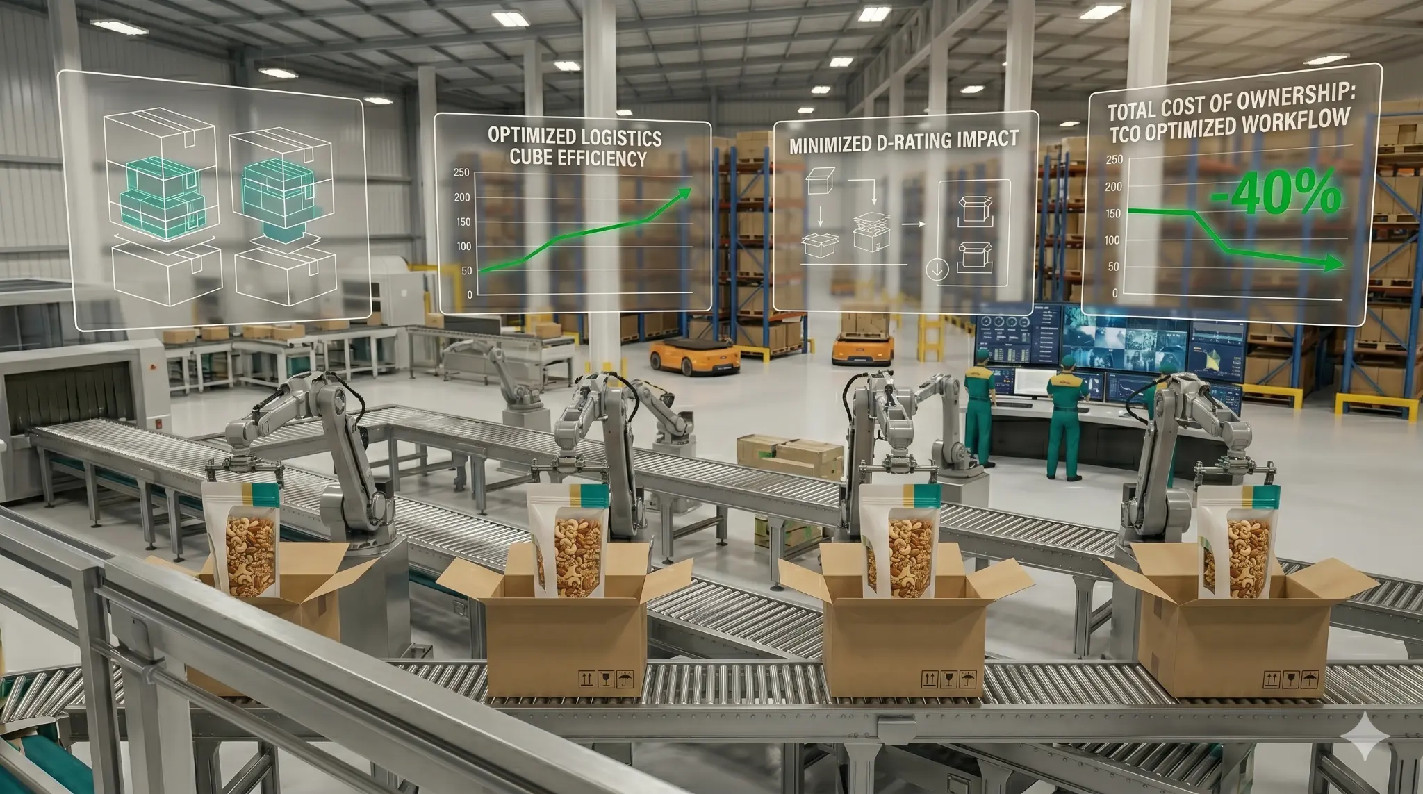 Automated packaging facility showing optimized logistics cube efficiency, minimized D-rating impact, reduced spoilage and waste, and maximized ROI with 40% TCO optimization