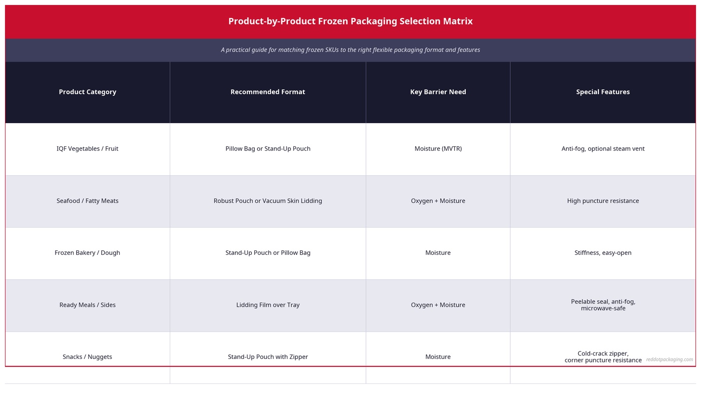 Product-by-Product Frozen Packaging Selection Matrix