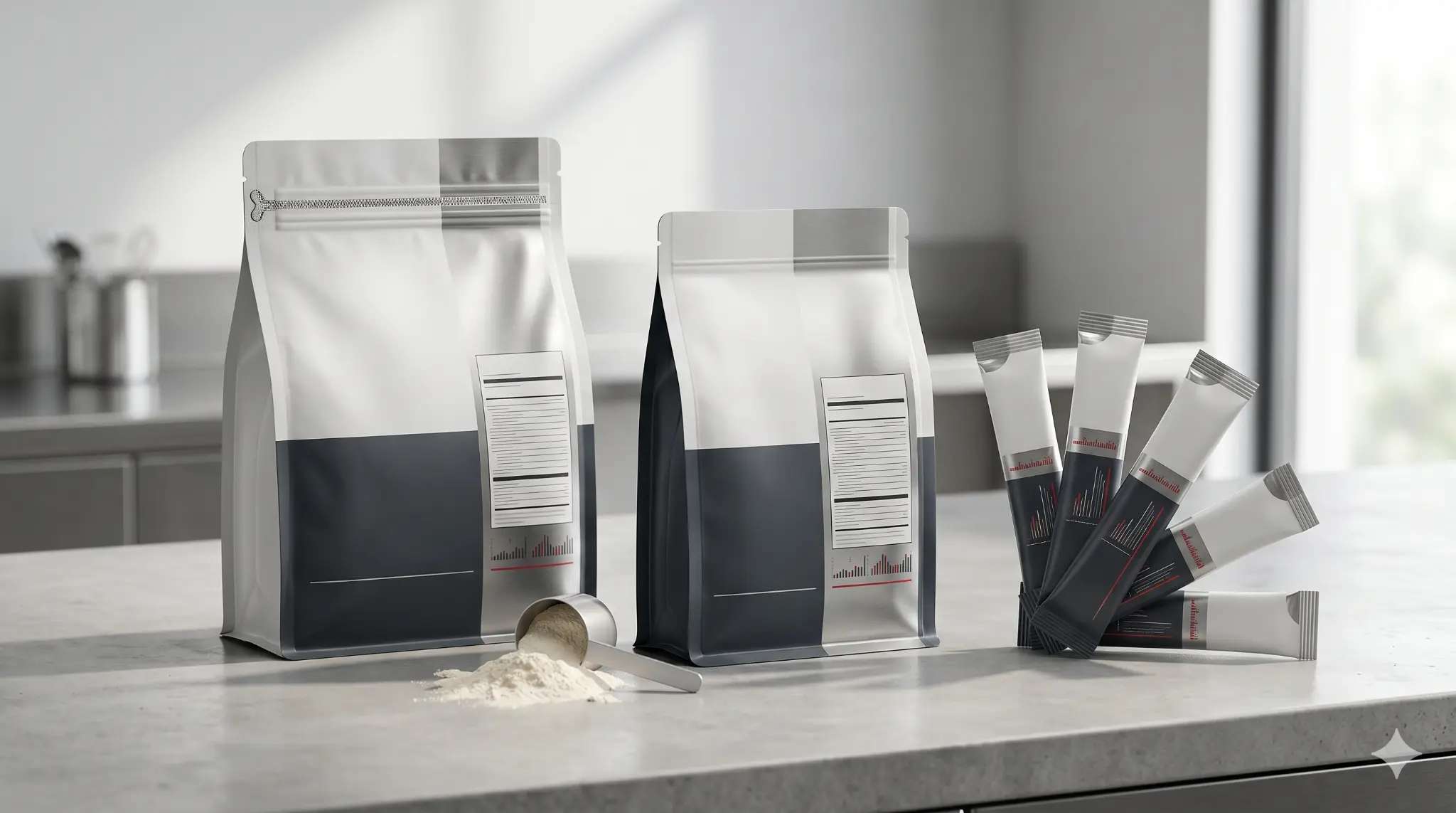 custom protein powder pouch formats stand up flat bottom stick pack