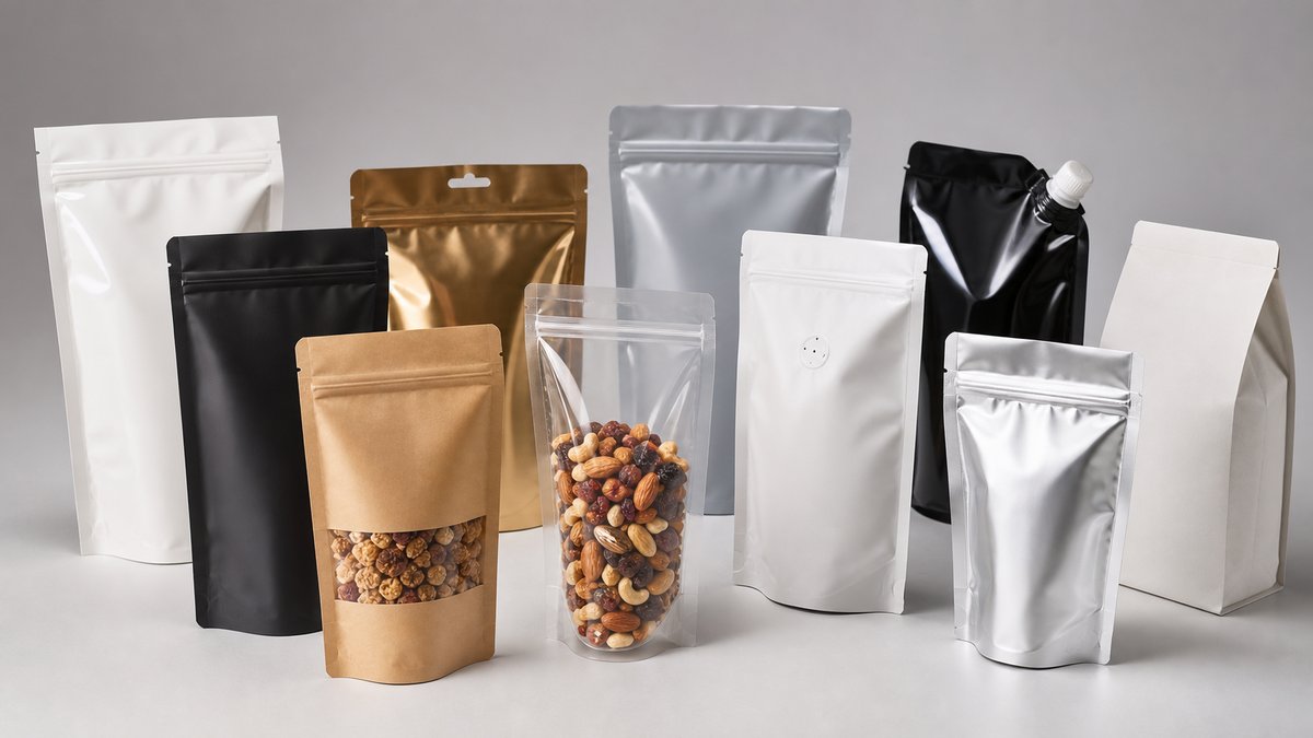 Stand up pouch formats including Doyen, flat bottom box pouch, and spout packaging options