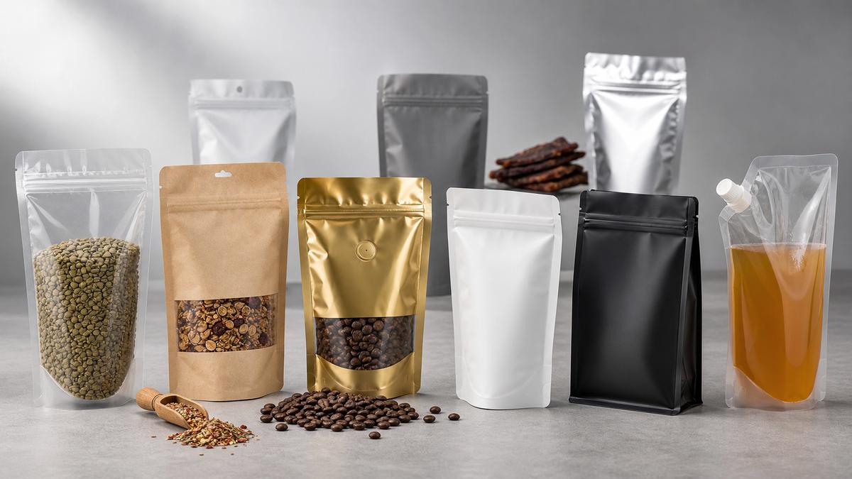 Custom stand up pouches in multiple formats and materials including kraft, metallized, clear, and flat bottom for food packaging
