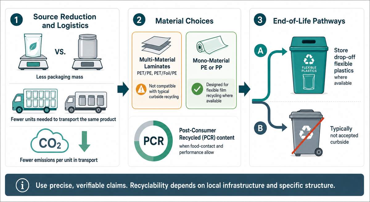 Flexible packaging sustainability infographic showing source reduction, mono-material vs multi-material laminates, PCR content, and end-of-life recycling pathways