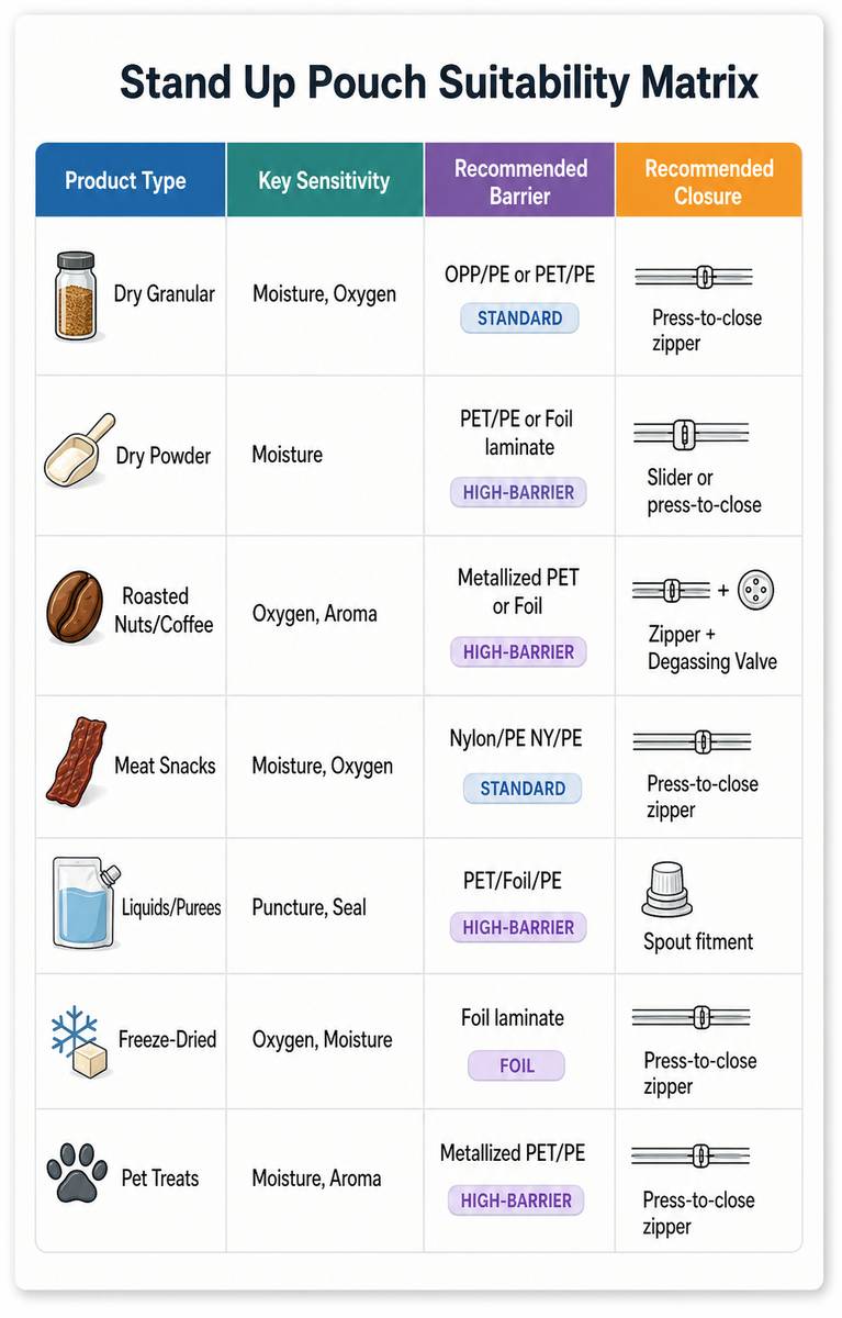 Stand up pouch suitability matrix showing product type, key sensitivity, recommended barrier, and recommended closure