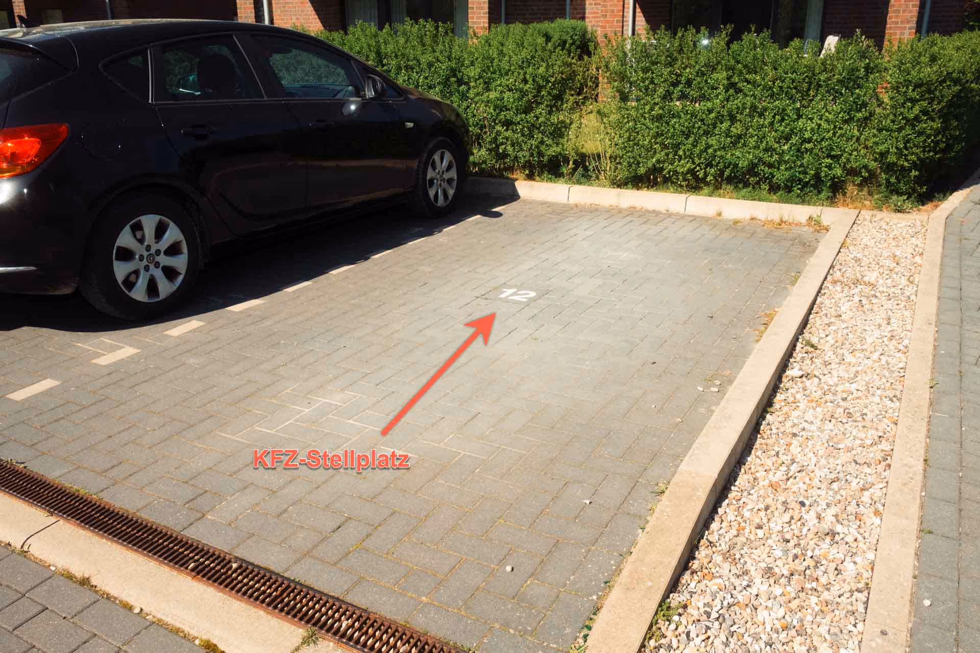 Markierter Stellplatz Nummer 12 vor Hecke