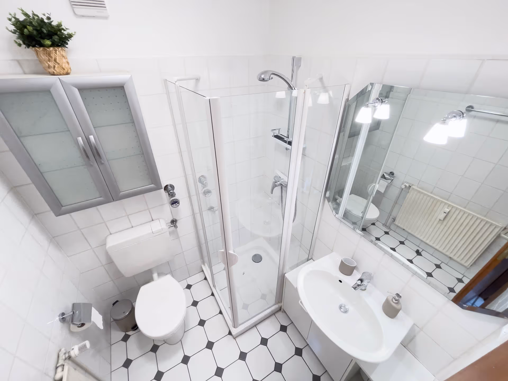 Badezimmer mit Dusche und Wandspiegel