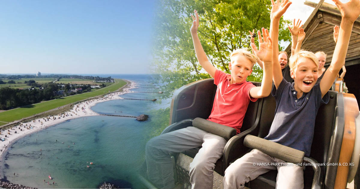 Drohnenaufnahme von der Ostseeküste verschwimmt mit Foto vom Hansa-Park von zwei Jungen in der Achterbahn