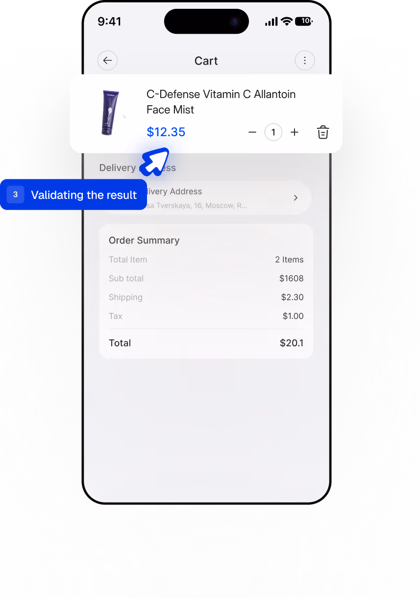 Mobile screen showing a shopping cart being tested in QA.