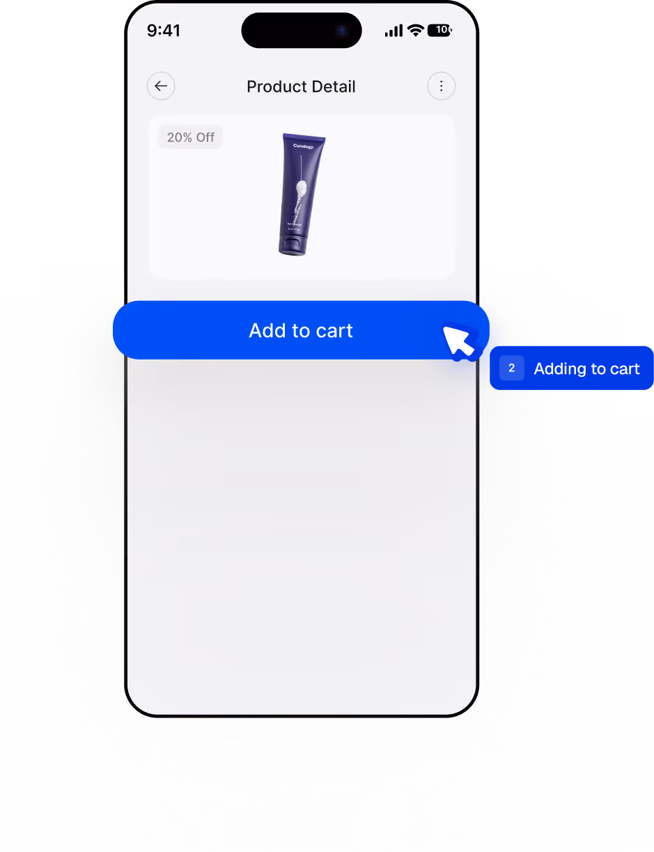Mobile app screen showing a product detail page being automatically tested in QA.