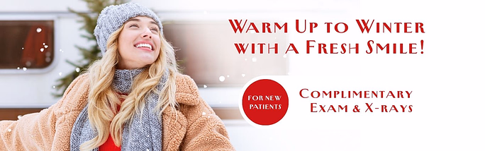 Smiling woman dressed in winter clothing with text offering complimentary exams and X-rays for new patients.