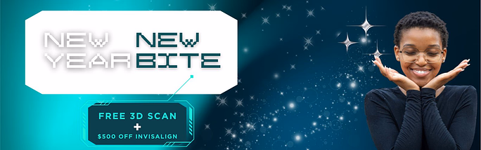 Smiling woman with glasses on right with text on left reading 'New Year New Bite' and offer for free 3D scan plus $500 off Invisalign.