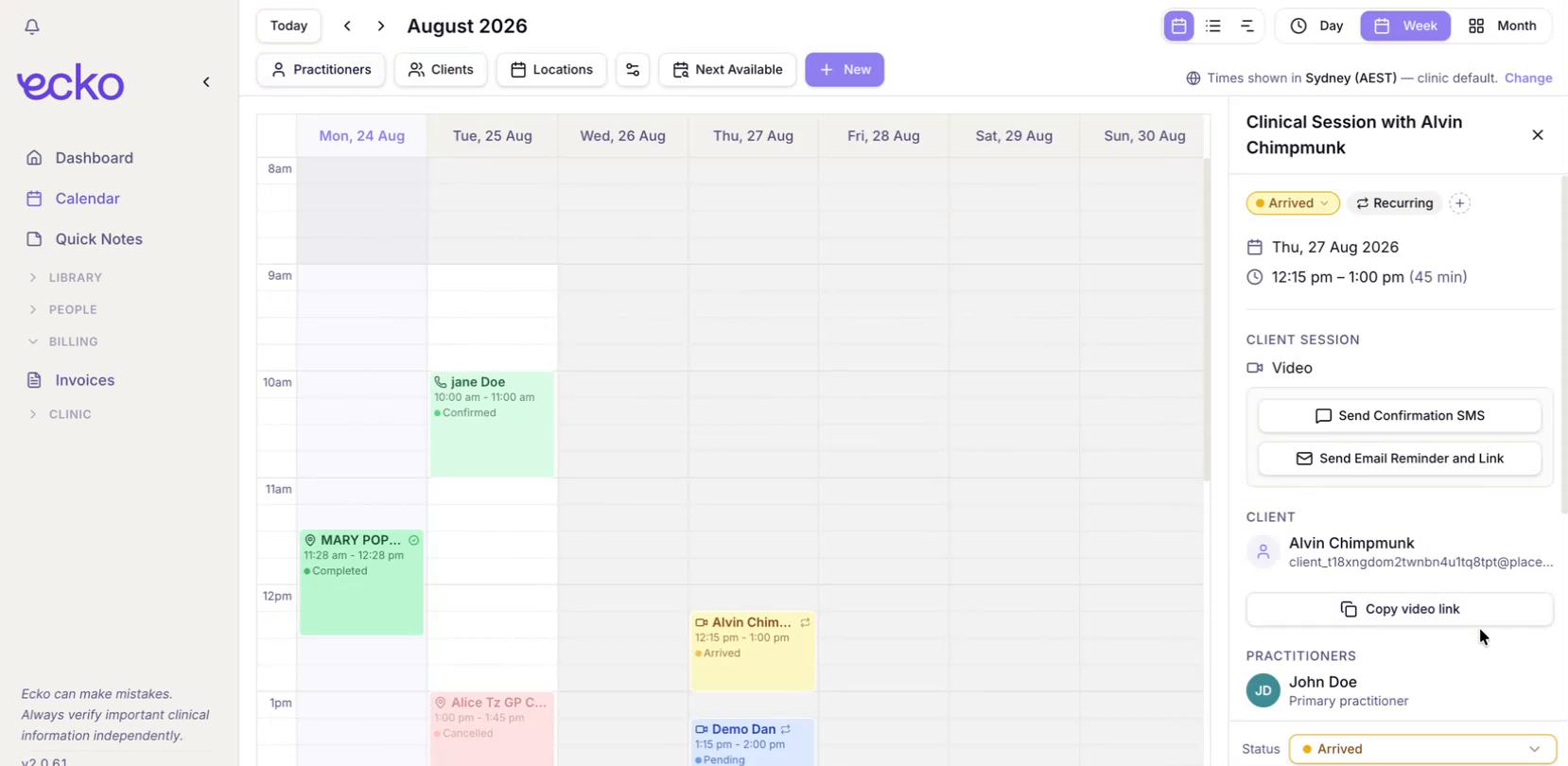Ecko calendar with a client session open