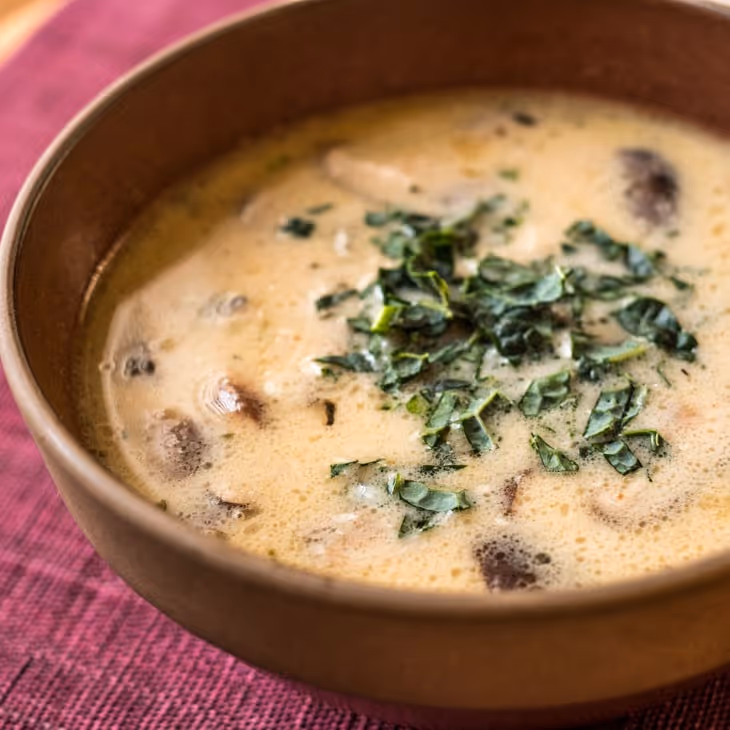 egan Cream of Coconut Mushroom Soup in a brown bowl.
