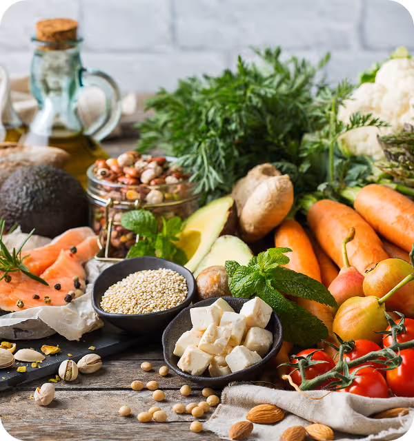 fruits, vegetables, legumes, whole grains, nuts, seeds, and healthy oils. 