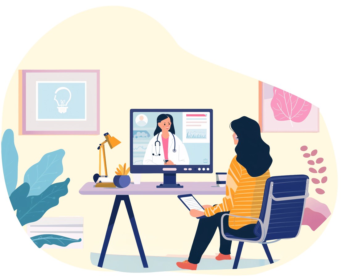 Person sitting at a desk having a telemedicine video call with a doctor shown on a computer screen.