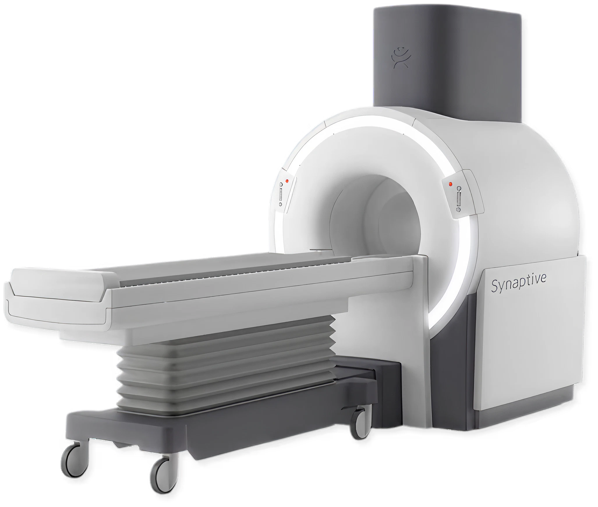 Medical MRI scanner machine with patient table and Synaptive branding.