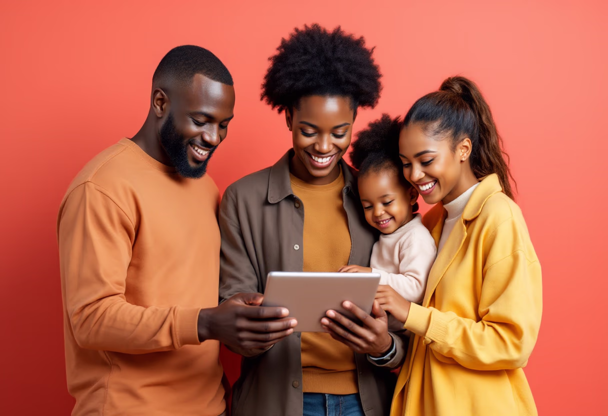 image of a diverse family using smart home security features on a tablet