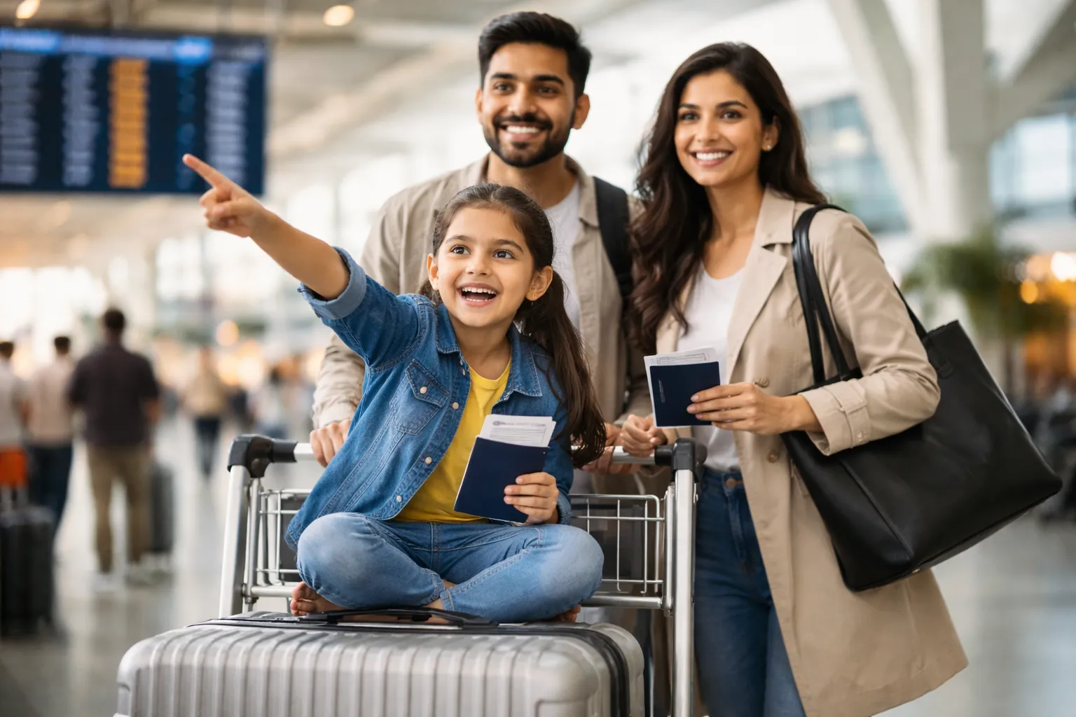 Smiling family at airport with young girl sitting on luggage cart pointing ahead holding passports.