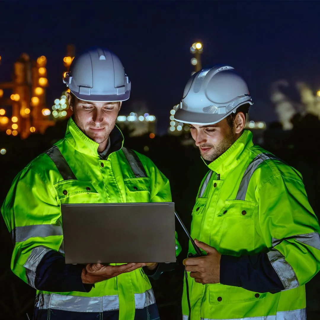 Two engineers in safety gear using laptop at night on industrial site, representing Wileo’s technical project leadership