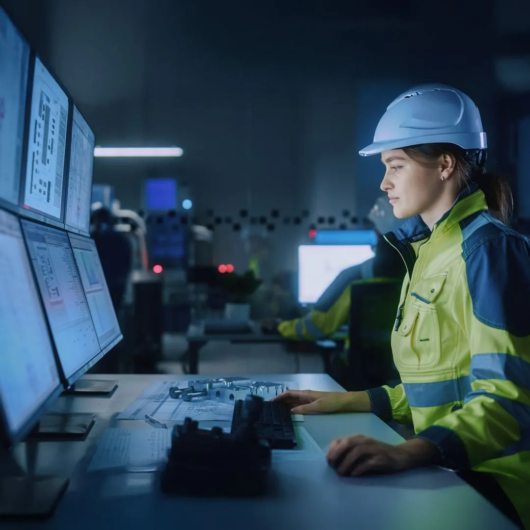 Engineer in safety gear, monitoring control systems on multiple computer screens, representing Wileo’s systems and operational technology expertise