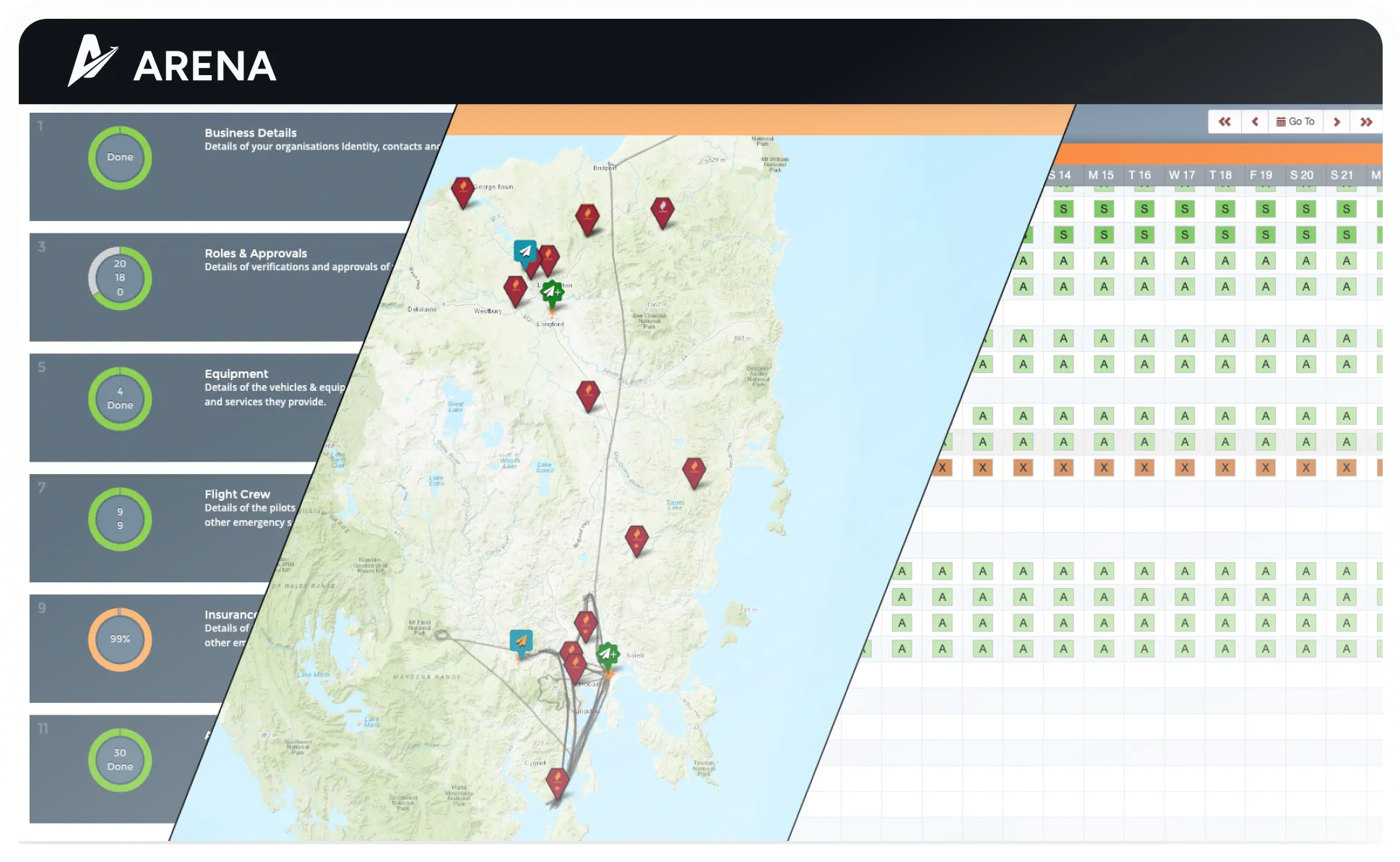Arena dashboard displaying three split-screen views from the Arena software.