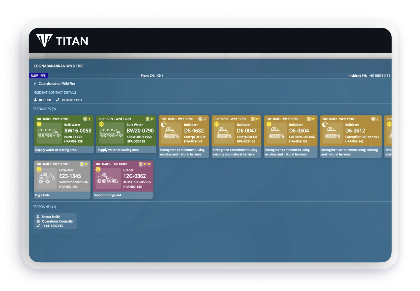 Titan dashboard showing an overview of heavy plant resources deployed to a wildfire, along with relevant personnel and their contact details.