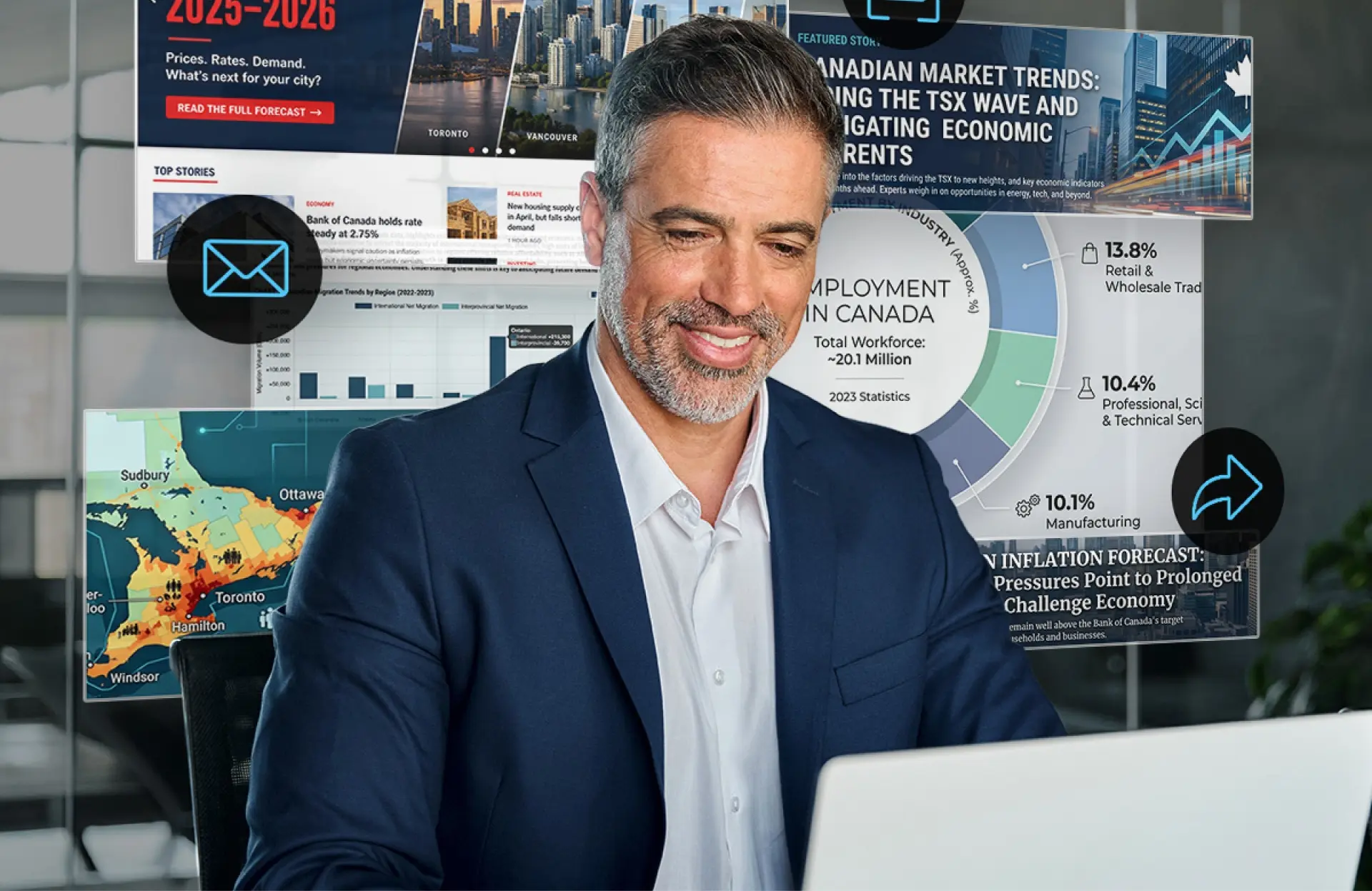 A business man working on a laptop. Behind him are screenshots of various published works, including several news articles.