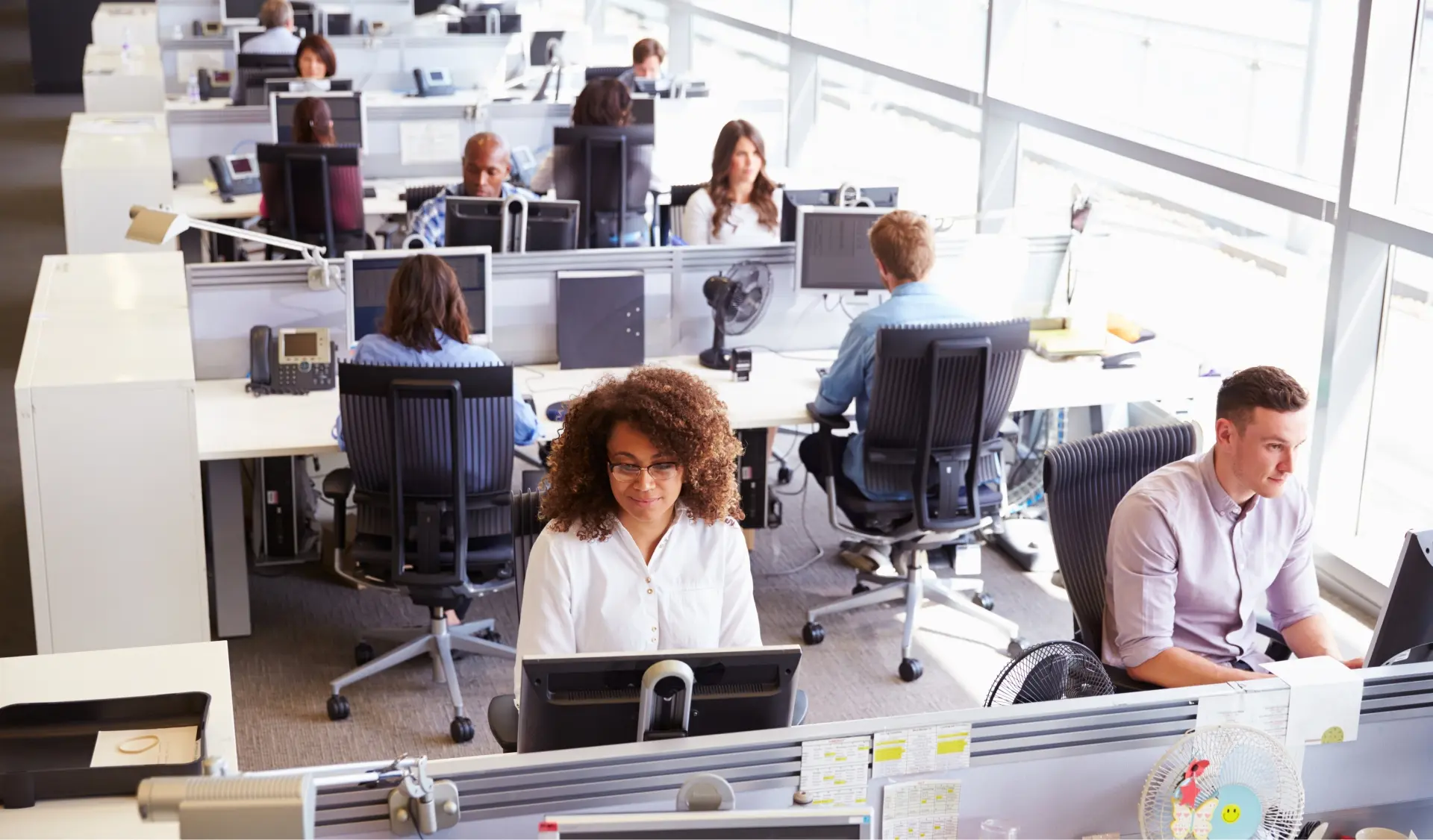An open-concept business office with business people working at work  stations on laptops.