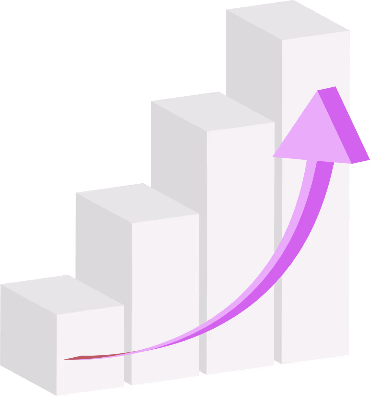 Four ascending white bars with a curved purple arrow rising from the smallest to the largest bar, symbolizing growth or progress.