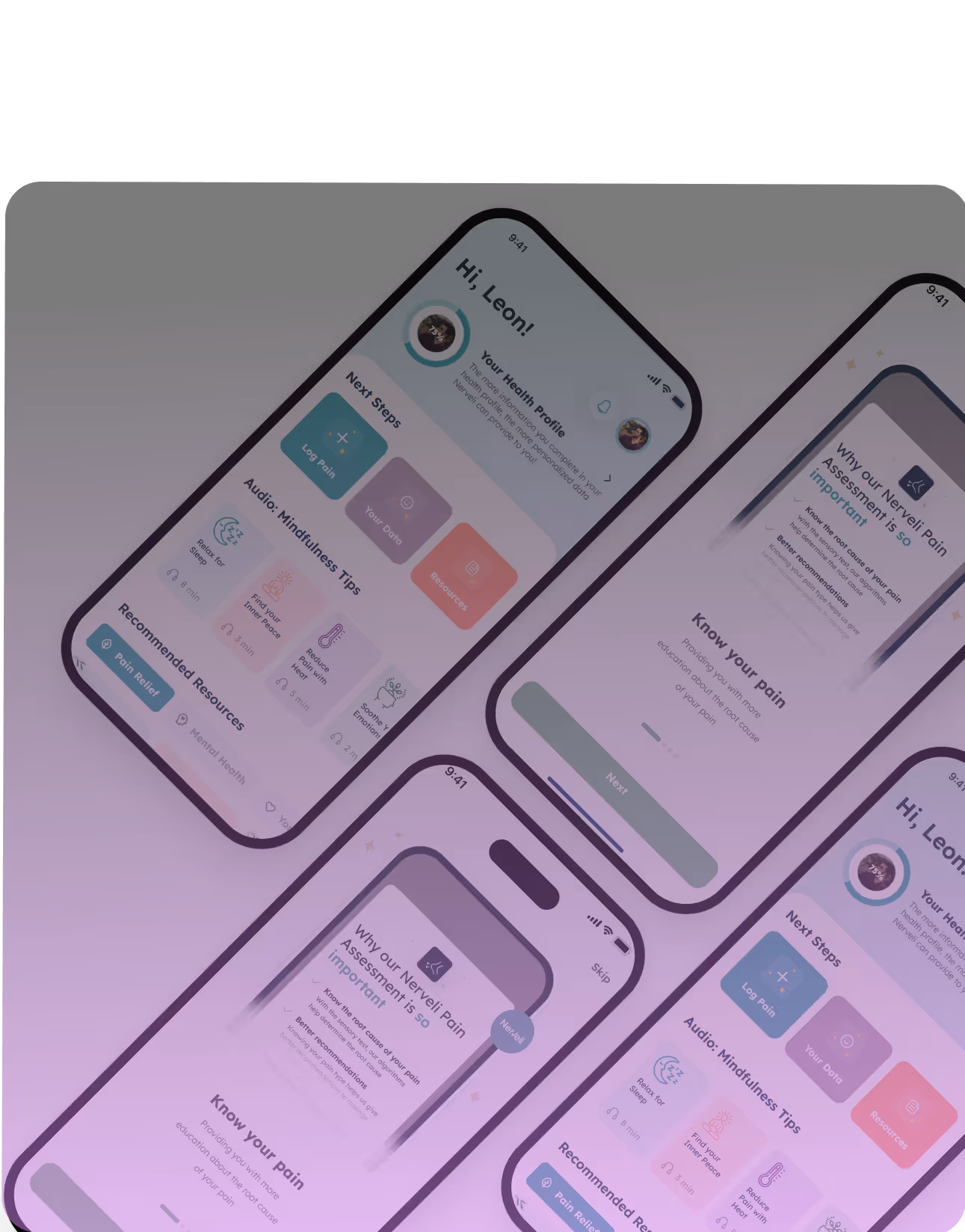 Mobile app interface showing a health profile dashboard with pain tracking, mindfulness audio tips, and educational content about pain assessment.