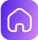 White house icon with rounded roof and a doorway on a purple rounded square background.