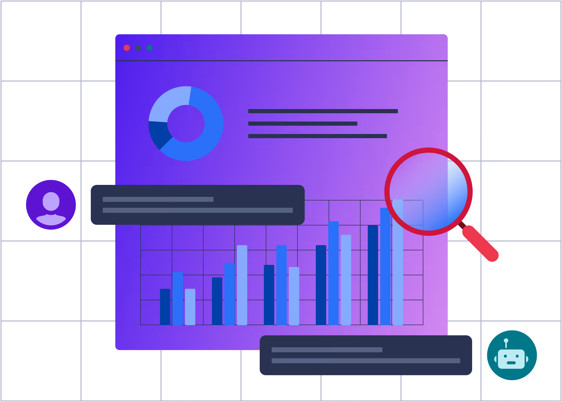 Illustration of a purple analytics dashboard with a pie chart, bar graph, search magnifying glass, and user and robot icons.