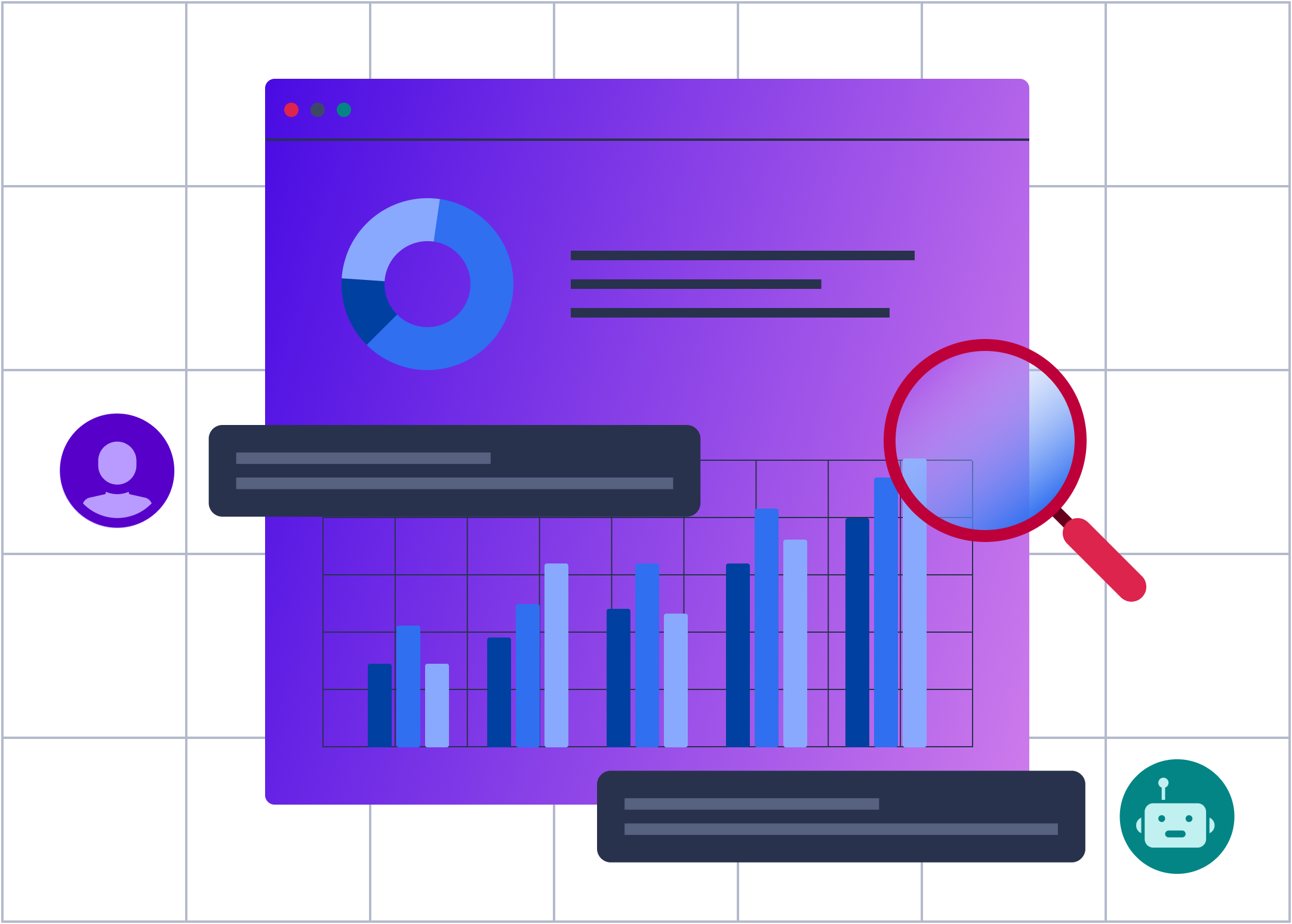 Illustration of a purple analytics dashboard with a pie chart, bar graph, search magnifying glass, and user and robot icons.