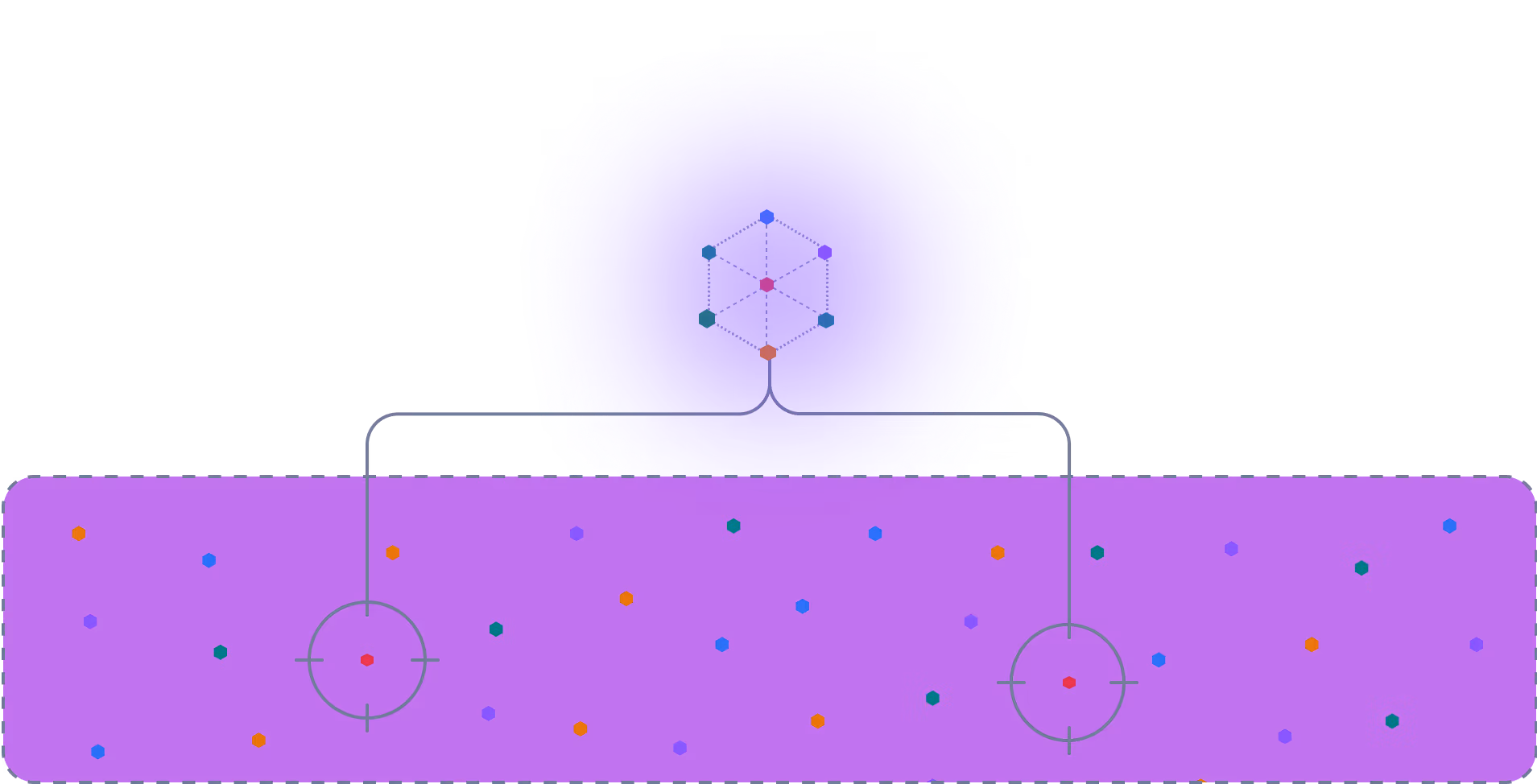Illustration of a hexagonal molecular structure connected to a purple rectangular base with scattered multicolored hexagons.