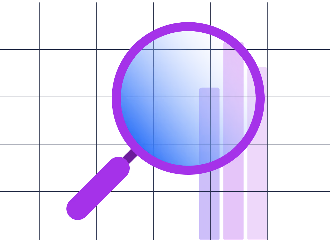 Purple magnifying glass over a blue and purple bar chart with grid lines.