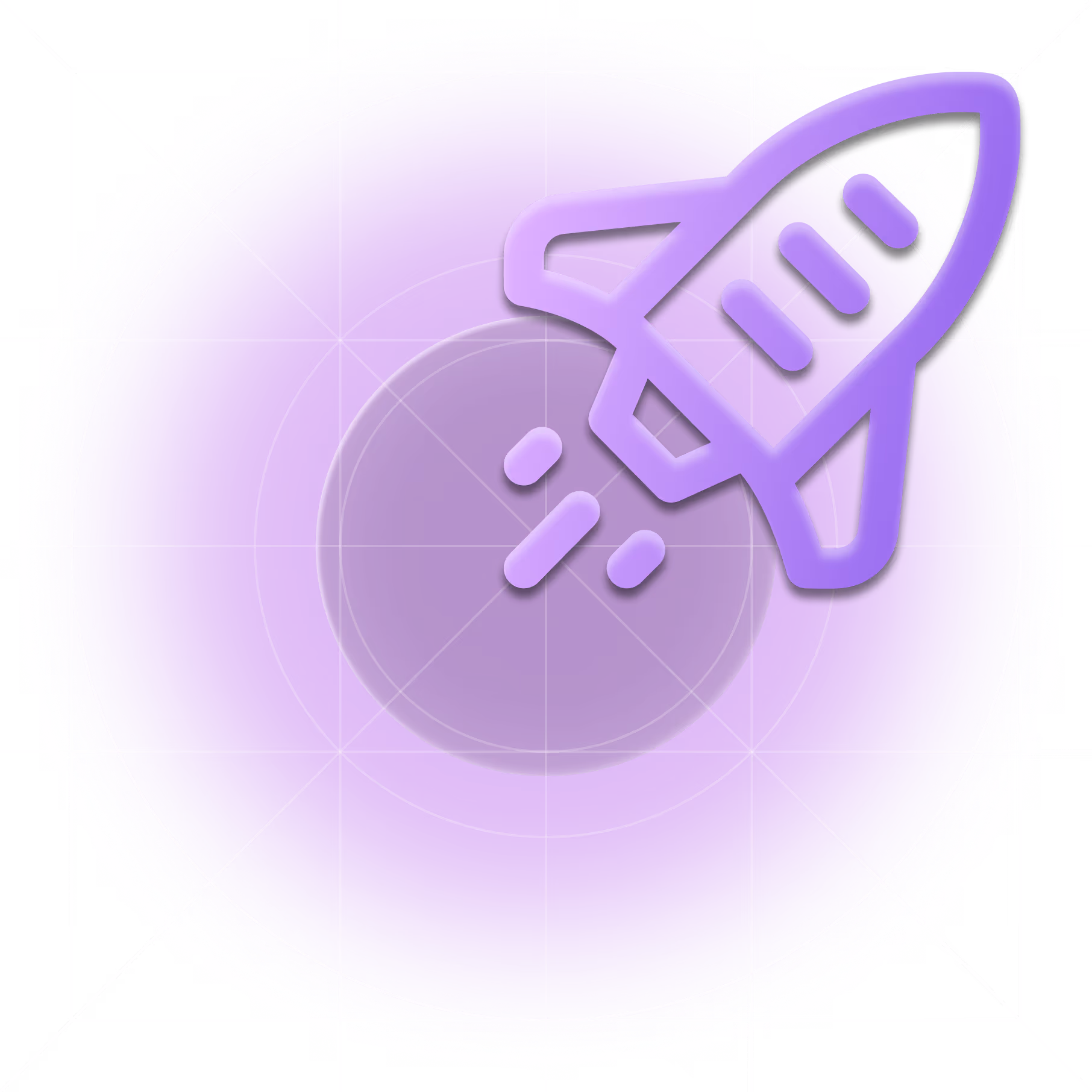 Purple stylized rocket icon launching from a central circle with concentric grid lines on a purple gradient background.