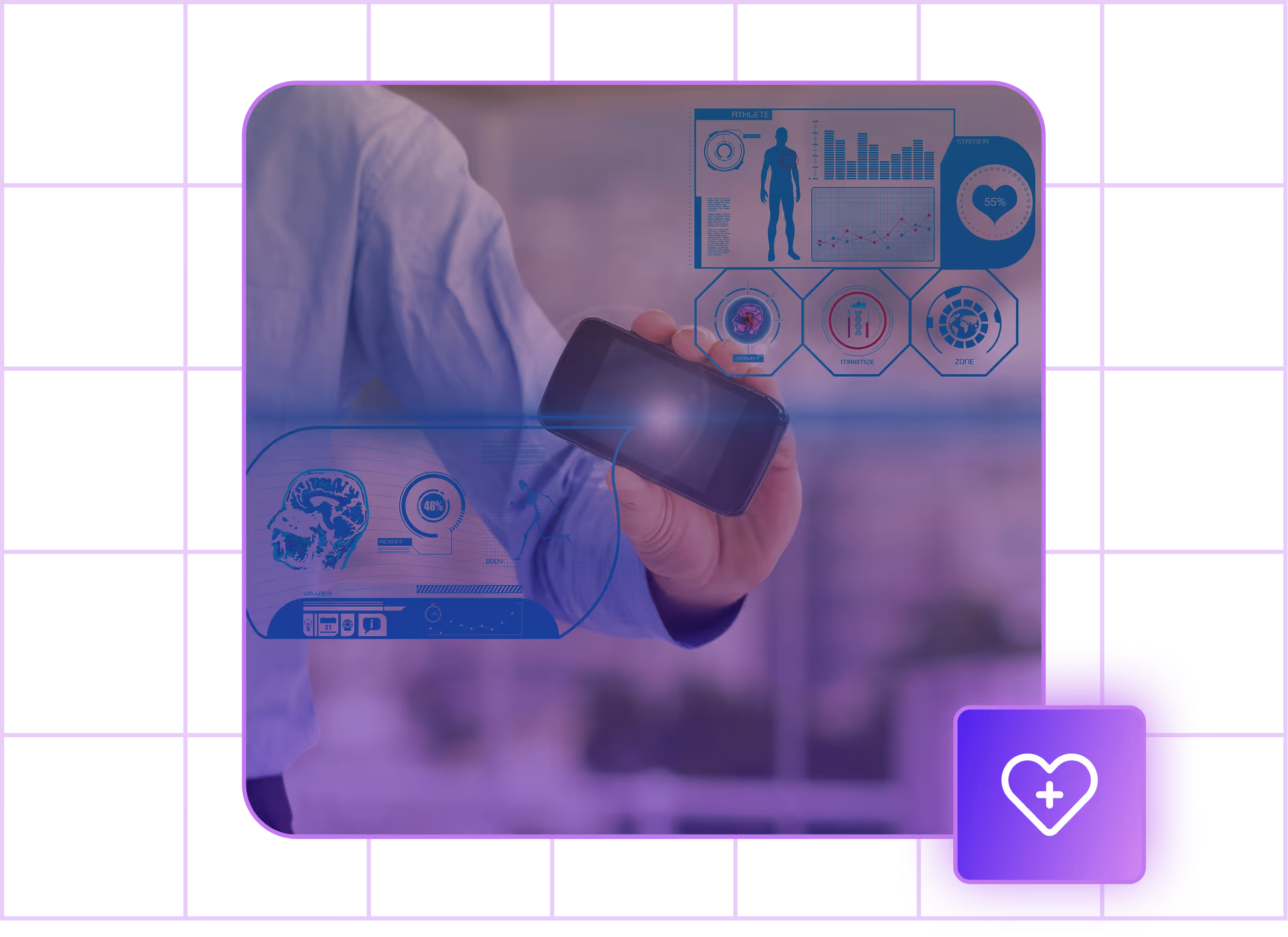 Person holding a smartphone with overlaid digital health data and medical icons, including brain scan, heart rate, and wellness metrics.