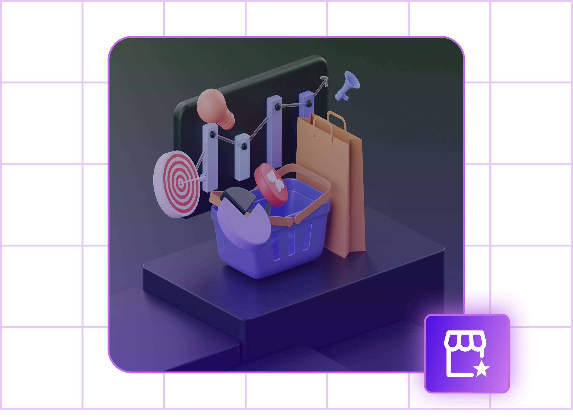 3D illustration of a shopping basket with icons for social media, a shopping bag, and a graph with an arrow pointing up.